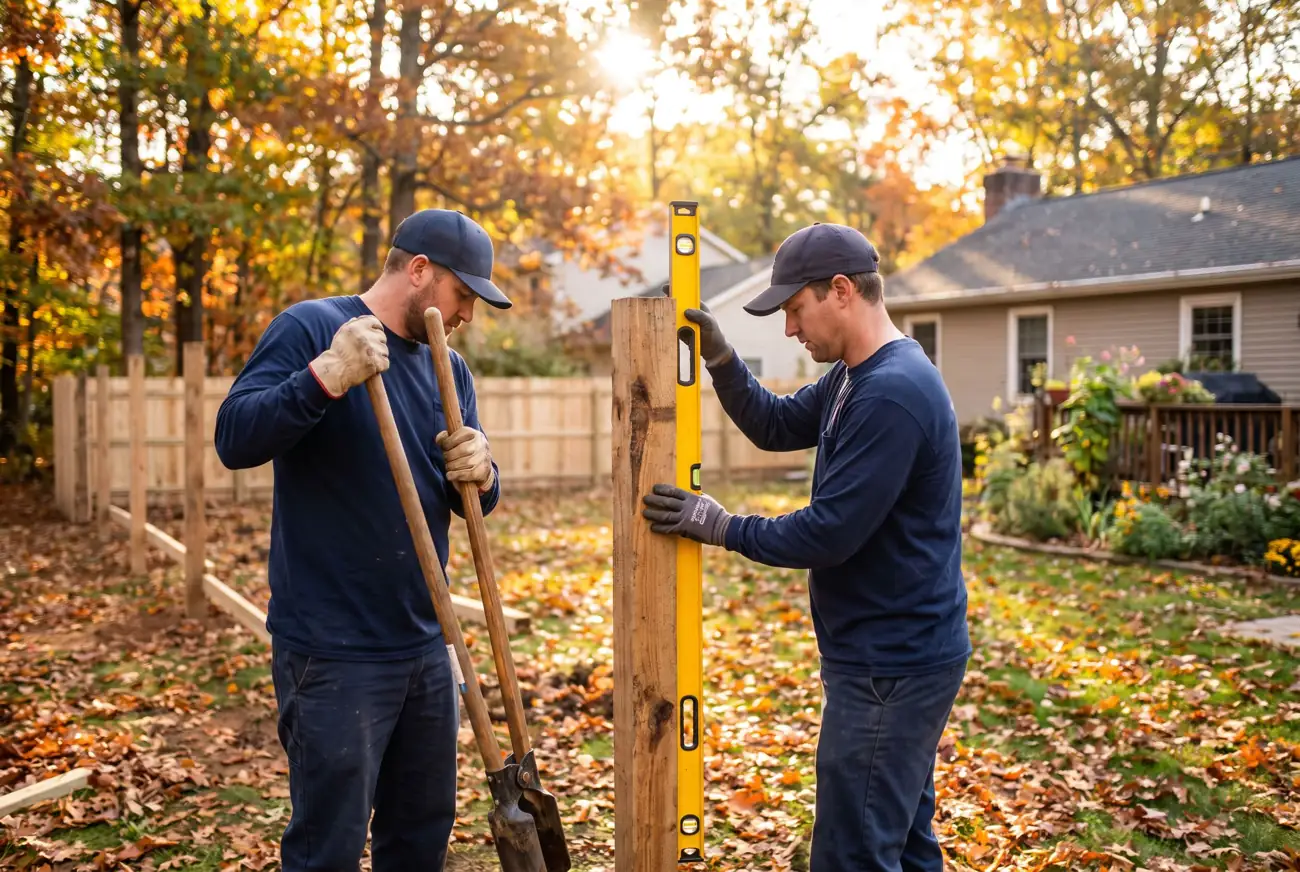 Two fence installers setting and leveling a wood post in an autumn yard