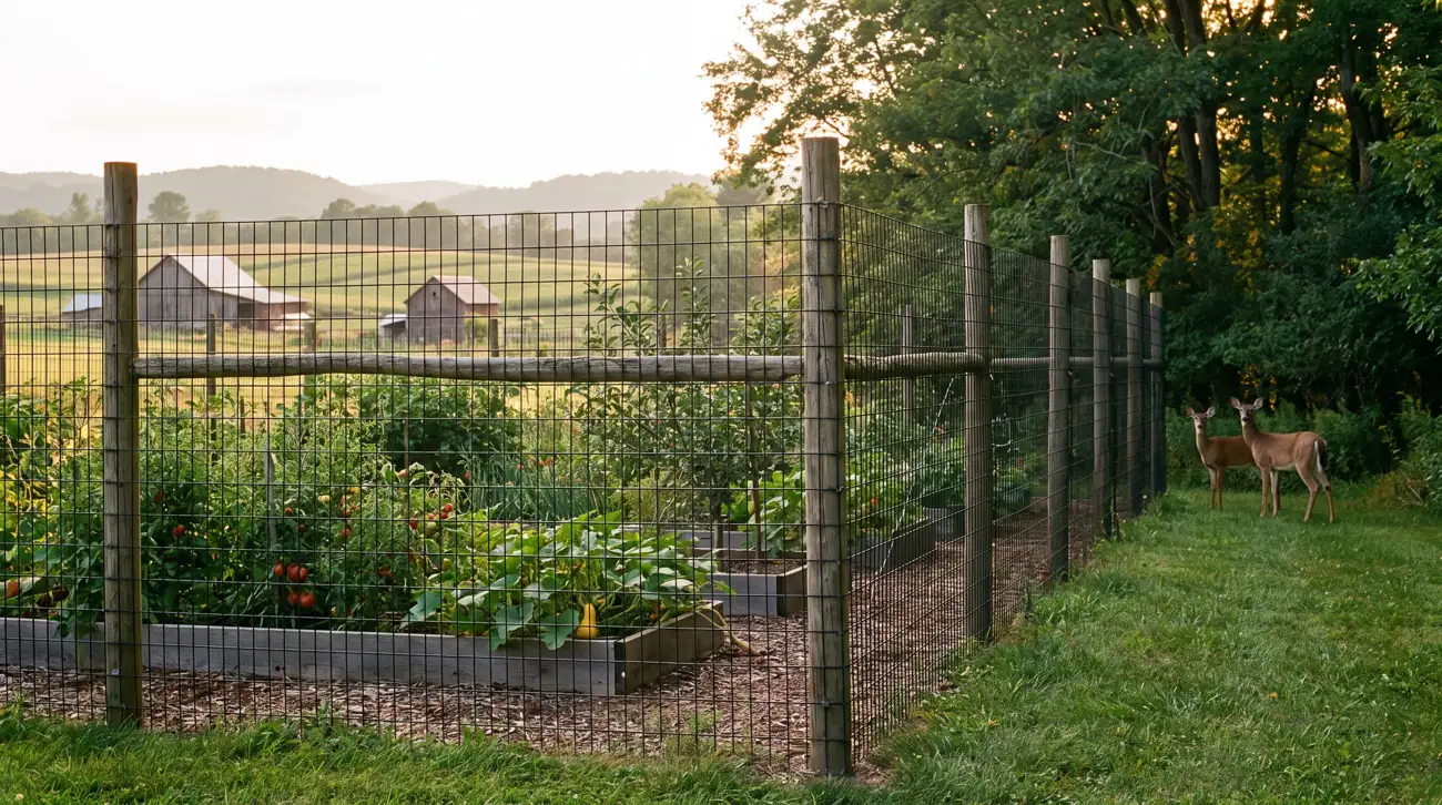 Tall deer fence around a vegetable garden with deer at the edge of the woods
