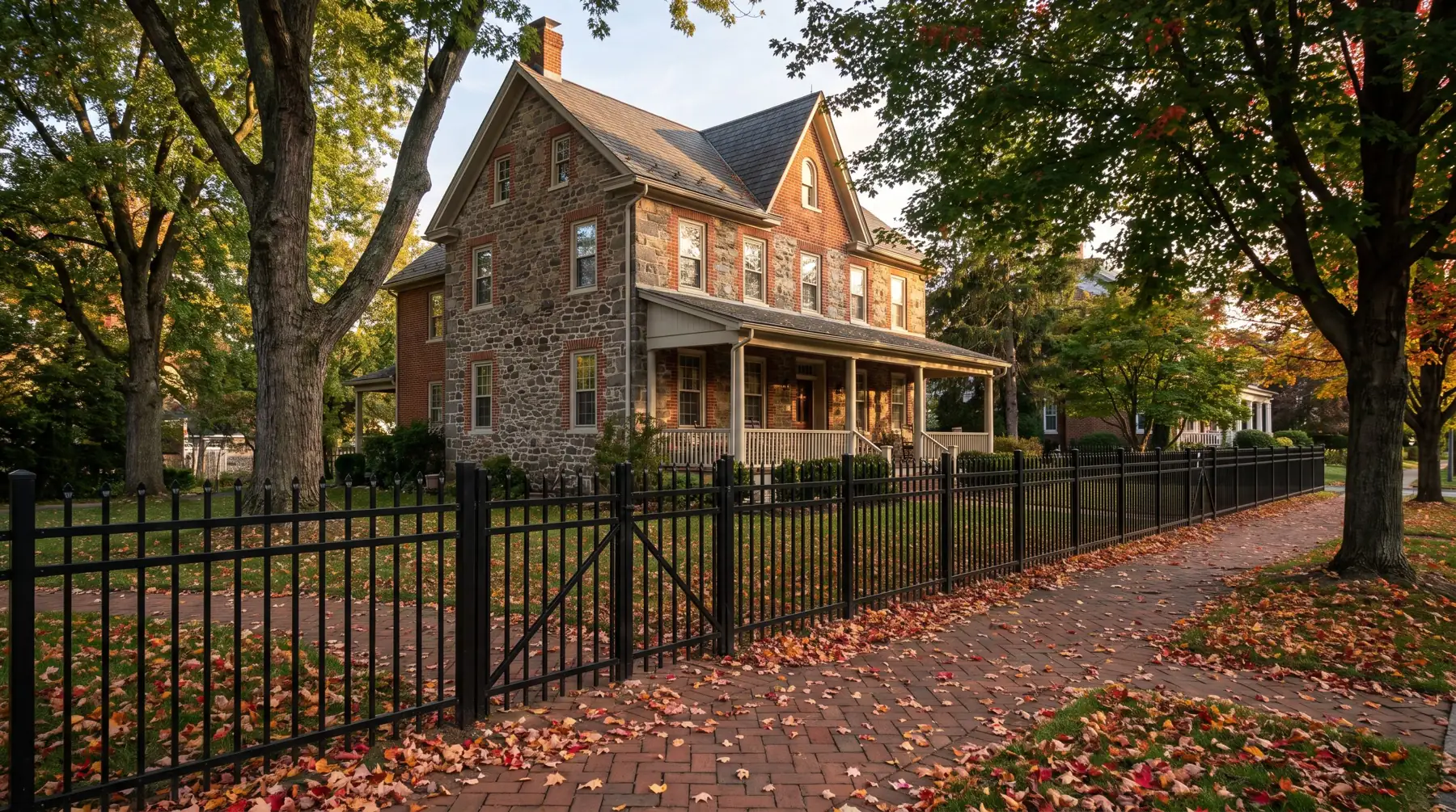 Black aluminum picket fence along a historic stone home and brick sidewalk in autumn